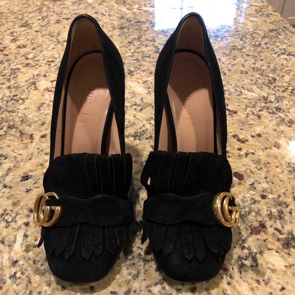 Black Gucci Marmont Fringe High Heel Pumps